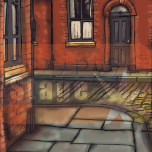 Red brick traced street stage scenery. A projectable stage backdrop suitable for any production set on a northern street. An image showing a northern street scene. Also includes a 20 second animated version with rain.