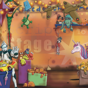 The old toyshop stage scenery. A projectable stage backdrop suitable for any production or assembly set in an old toyshop. An image showing an unloved toyshop for use in schools and on stage.