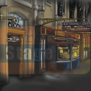 Steam train station stage scenery. A projectable stage backdrop suitable for any production set in a train station at school. An image showing a train station. Also includes a 20 second animated version with smoke from the steam engine blowing across the platform.