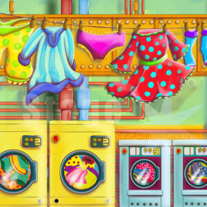 Aladdin widows Twankey laundry virtual digital projected backdrop for live theatre pantomimes or virtual online Panto scenery.