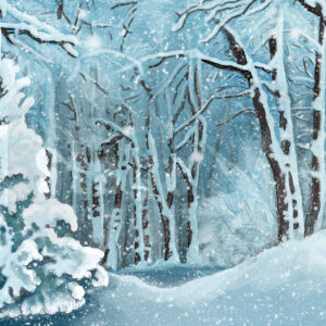 Snowscape projected backdrop. Snowing in the forest. Snowy woodland landscape. Animated and still wild woods image digital projected backdrop. Suitable for virtual Christmas shows and theatre stage scenic backdrops. Wind in the willows wild wood. The Snow Queen. The Nutcracker.