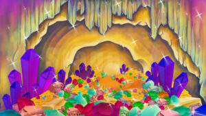 Aladdin cave of wonders virtual projected backdrop for live theatre pantomimes or virtual online Panto scenery.