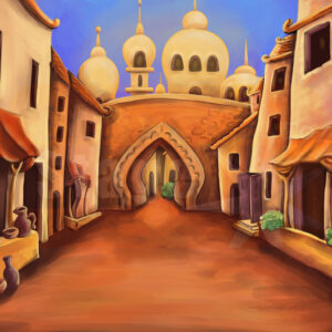 Aladdin market street virtual digital projected backdrop for live theatre pantomimes or virtual online Panto scenery.