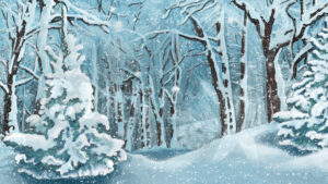 Snowing in the forest. Snowy woodland landscape. Animated and still wild woods image digital projected backdrop. Suitable for virtual Christmas shows and theatre stage scenic backdrops. Wind in the willows wild wood. The Snow Queen. The Nutcracker.