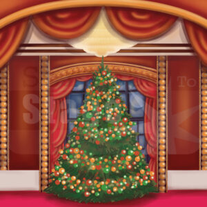 Traditional Christmas tree in victorian parlour. Victorian parlour Christmas tree virtual digital projected backdrop for live theatre Christmas show or virtual online Christmas play stage scenery.