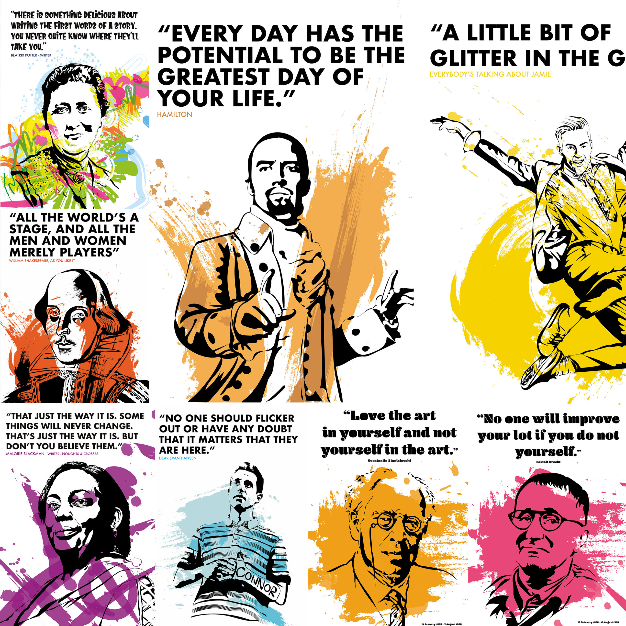 20 theatrical drama themed posters for schools, colleges, sixth forms. Musicals, drama, education, performing arts, great practitioners, Shakespeare, film, literature, stage
