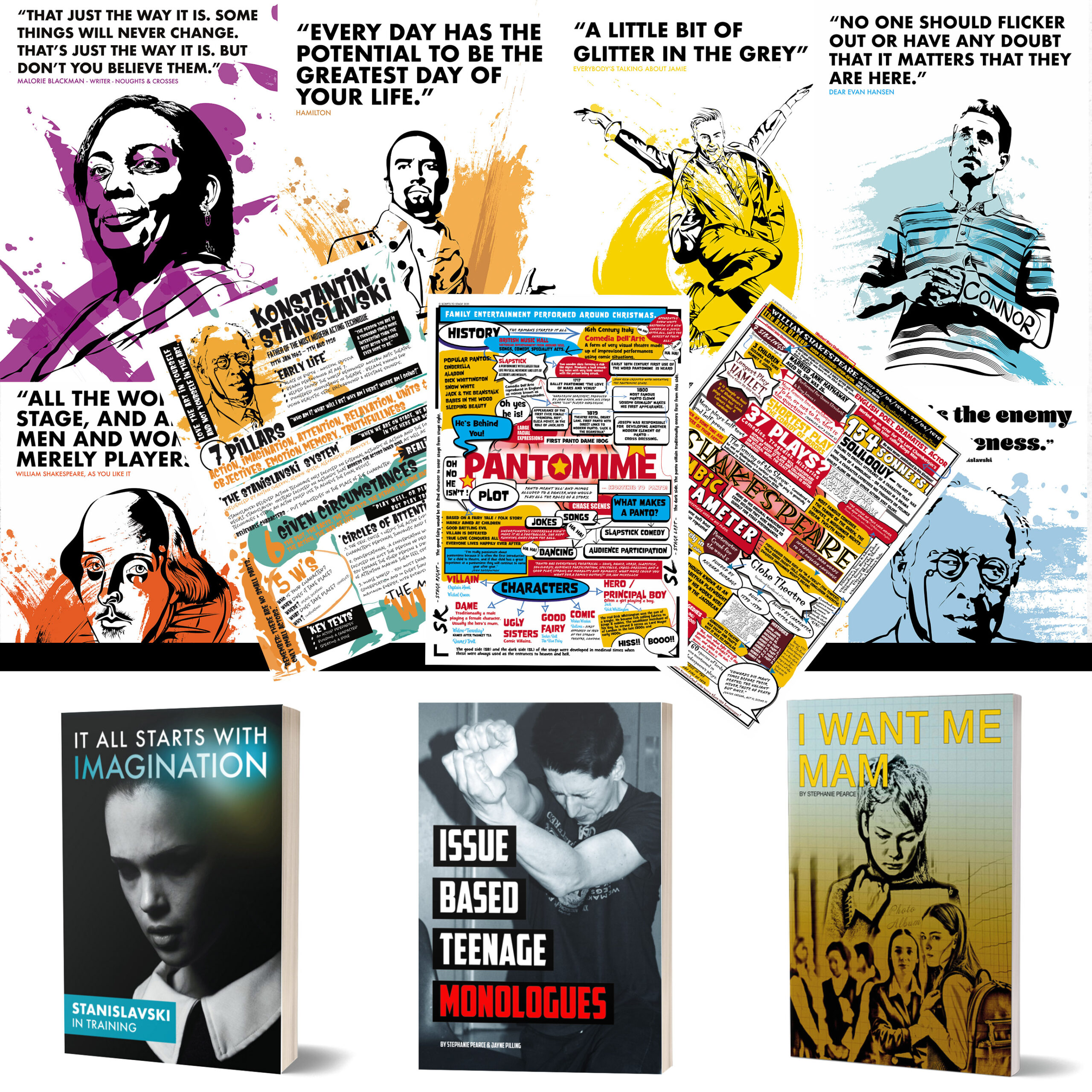 25 theatrical drama themed posters, 3 drama infographics, mind maps, 3 drama books for schools, colleges, sixth forms. Musicals, drama, education, performing arts, great practitioners, Shakespeare, film, literature, stage
